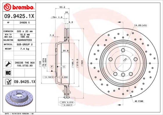 BREMBO 09.9425.1X Féktárcsa