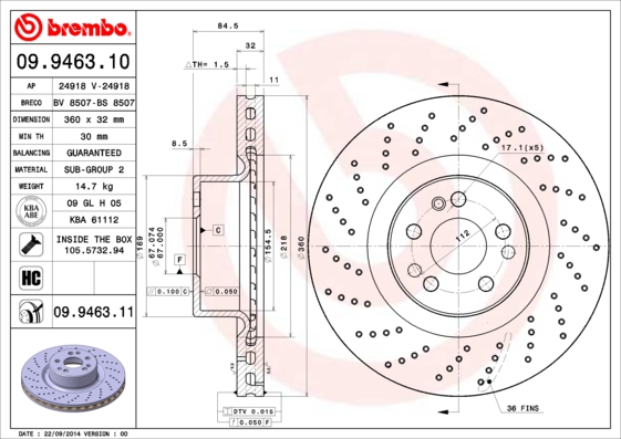 BREMBO 09.9463.11B Féktárcsa