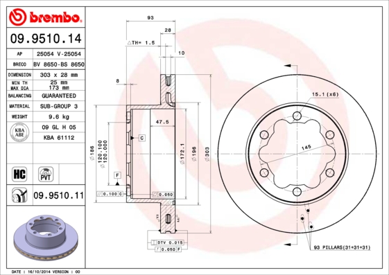 BREMBO 09.9510.14 Féktárcsa