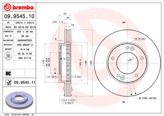 BREMBO 1001537664 09.9545.11 - Első féktárcsa