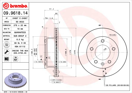 BREMBO BRE09.9618.14 féktárcsa