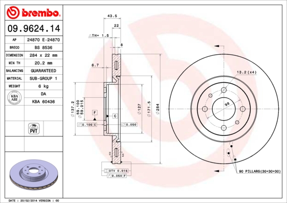 BREMBO 1001537687 09.9624.14 - Első féktárcsa