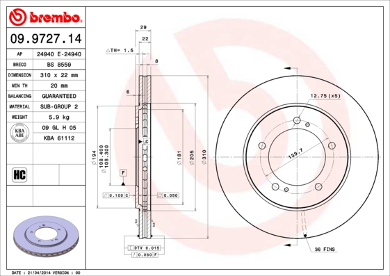 BREMBO 1000373885 09.9727.14 - Első féktárcsa