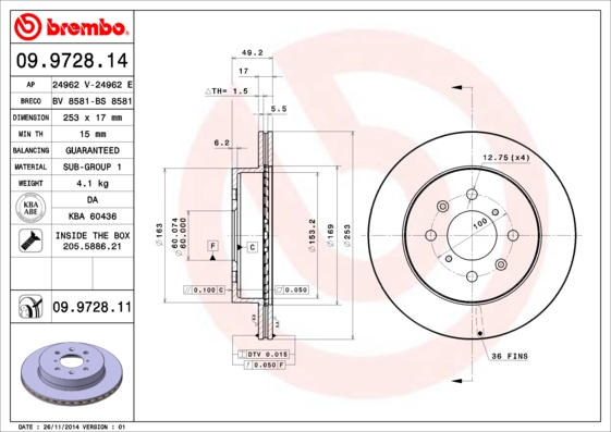 BREMBO 09.9728.14B Féktárcsa