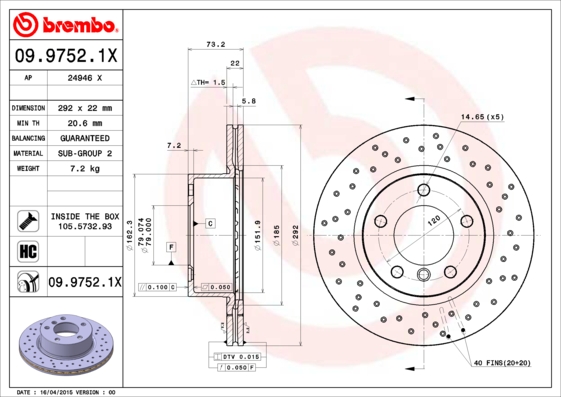 BREMBO 1001739486 09.9752.1X - Első féktárcsa