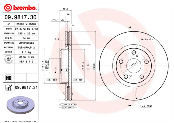 BREMBO 09.9817.31B Féktárcsa