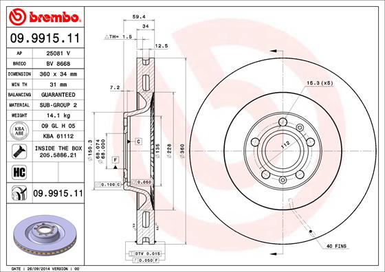 BREMBO 1000498769 09.9915.11 - Első féktárcsa