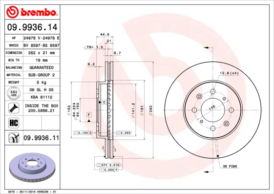 BREMBO 09.9936.11B Féktárcsa