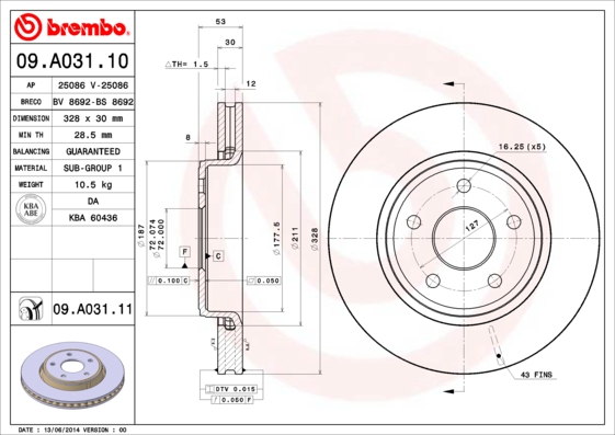 BREMBO 09.A031.11B Féktárcsa