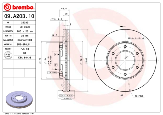 BREMBO 09.A203.10B Féktárcsa