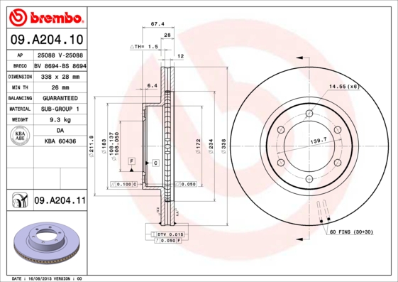 BREMBO 09.A204.11 Féktárcsa