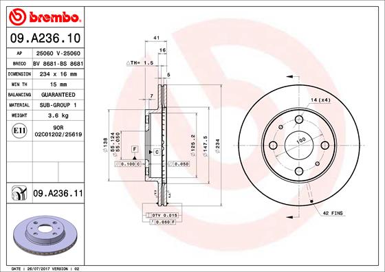 BREMBO 09.A236.11B Féktárcsa