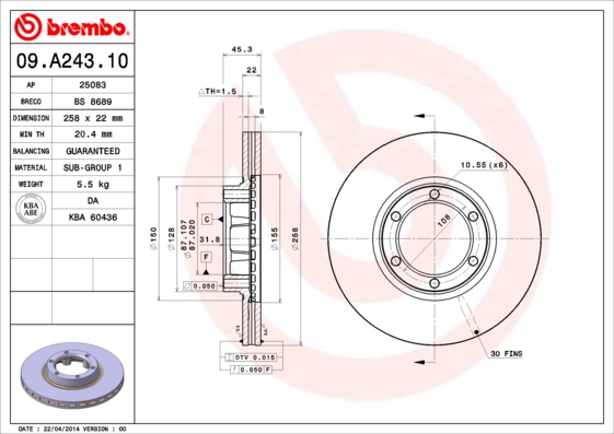 BREMBO BRE09.A243.10 féktárcsa