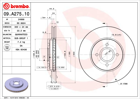 BREMBO 09.A275.10B Féktárcsa