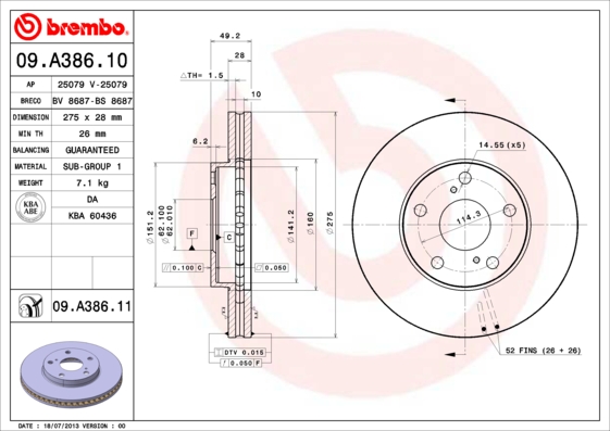 BREMBO 09.A386.11 Féktárcsa