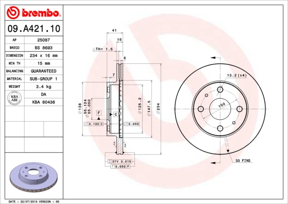 BREMBO BRE09.A421.10 féktárcsa