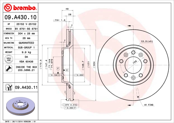 BREMBO 09.A430.11 Féktárcsa