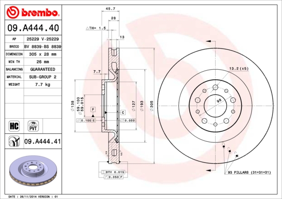 BREMBO 09.A444.41 Féktárcsa