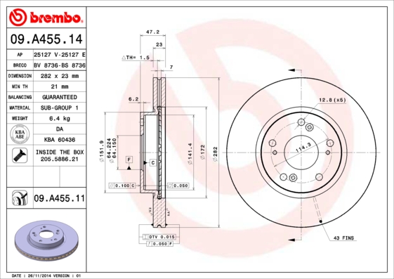 BREMBO 09.A455.14B Féktárcsa