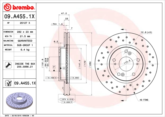 BREMBO 09.A455.1X Féktárcsa