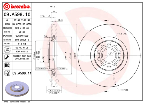 BREMBO 09.A598.11 Féktárcsa