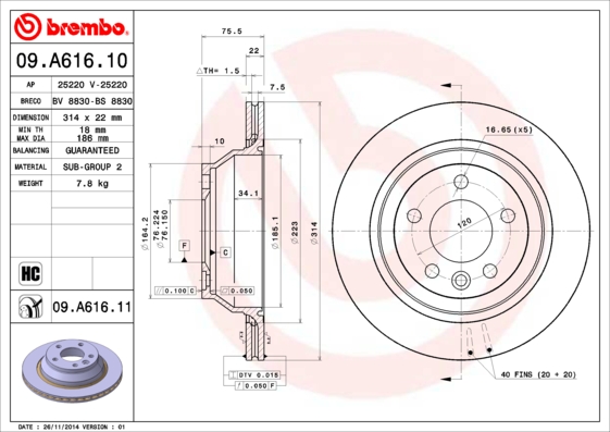 BREMBO 1001538044 09.A616.11 - Hátsó féktárcsa