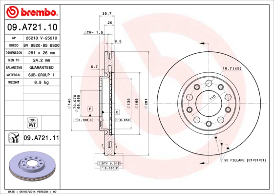 BREMBO 09.A721.11 Féktárcsa