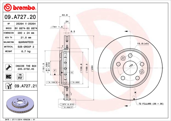 BREMBO BRE09.A727.21 féktárcsa