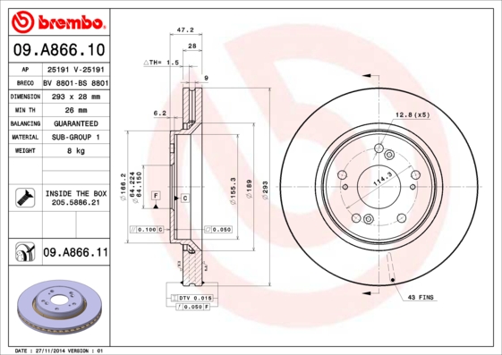 BREMBO 09.A866.11B Féktárcsa