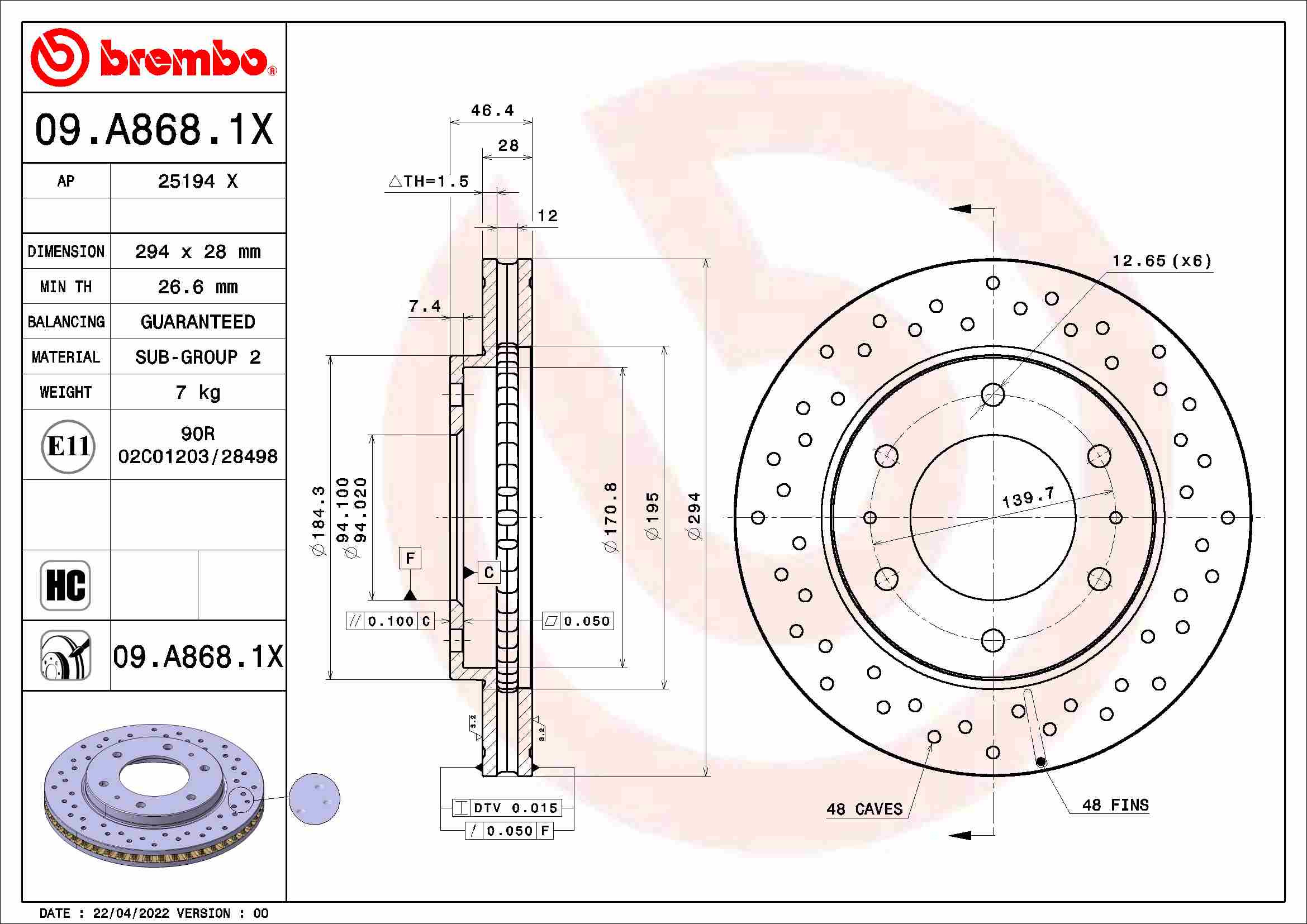 BREMBO BRE09.A868.1X féktárcsa