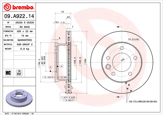 BREMBO 09.A922.14B Féktárcsa