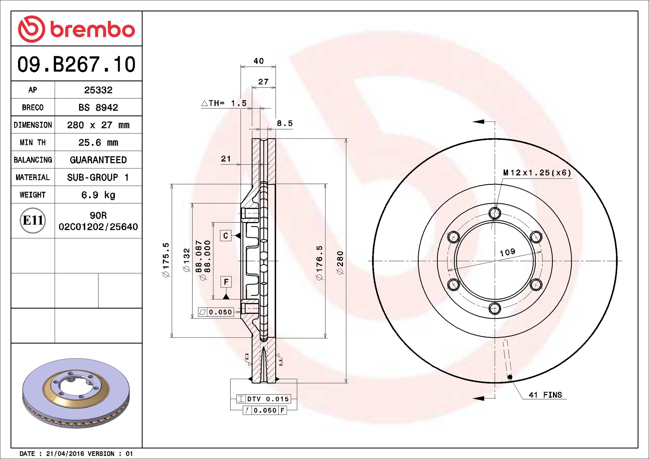 BREMBO BRE09.B267.10 féktárcsa