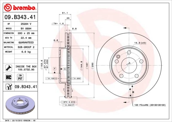 BREMBO 1001538193 09.B343.41 - Első féktárcsa