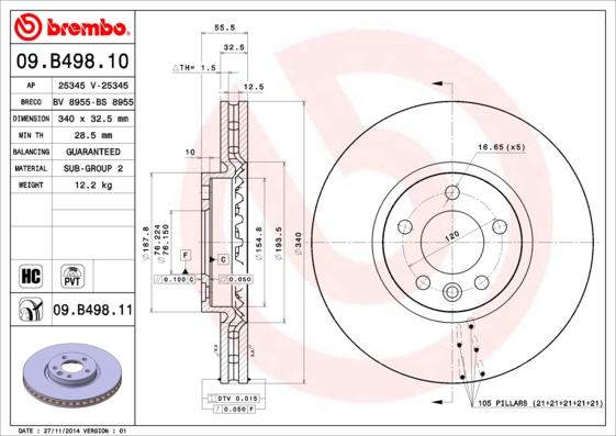 BREMBO 1001538215 09.B498.11 - Első féktárcsa