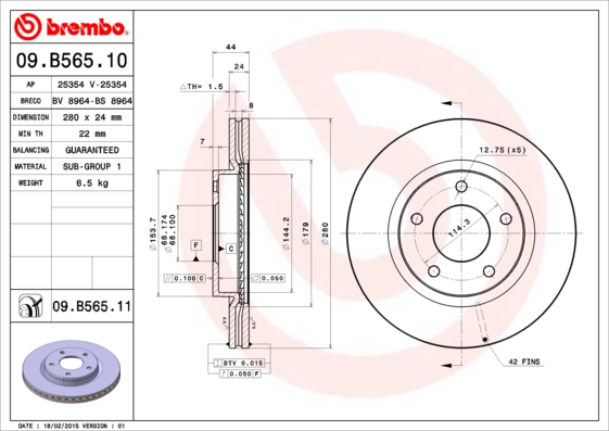 BREMBO 1001538228 09.B565.11 - Első féktárcsa