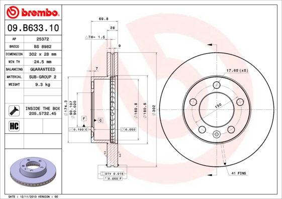 BREMBO 1001538291 09.B633.10 - Első féktárcsa