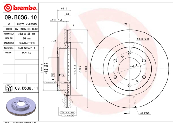 BREMBO 1001538294 09.B636.11 - Első féktárcsa