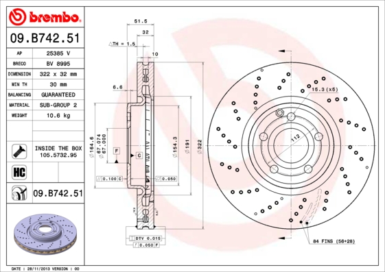 BREMBO 09.B742.51 Féktárcsa