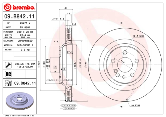 BREMBO BRE09.B842.11 féktárcsa