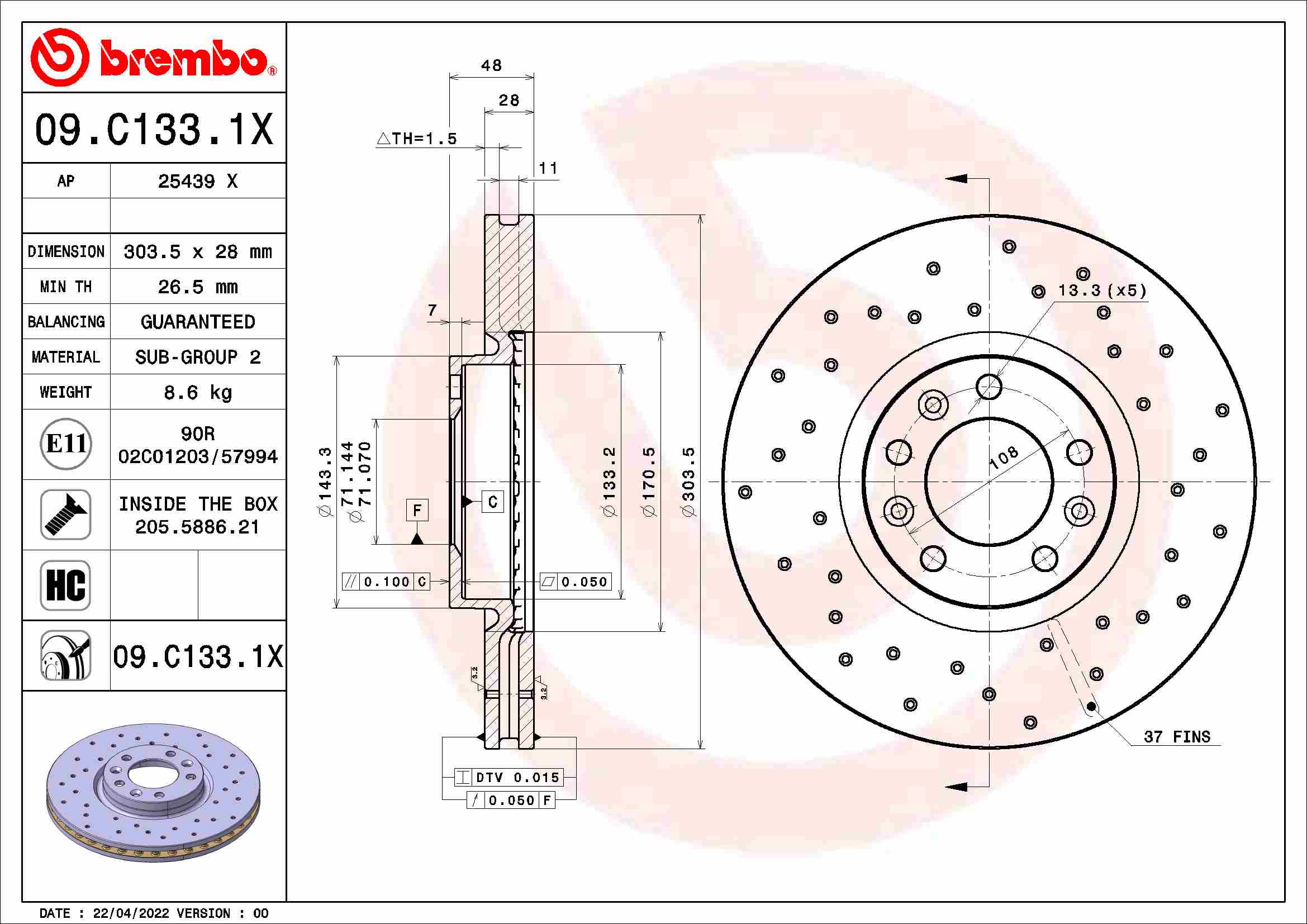 BREMBO BRE09.C133.1X féktárcsa