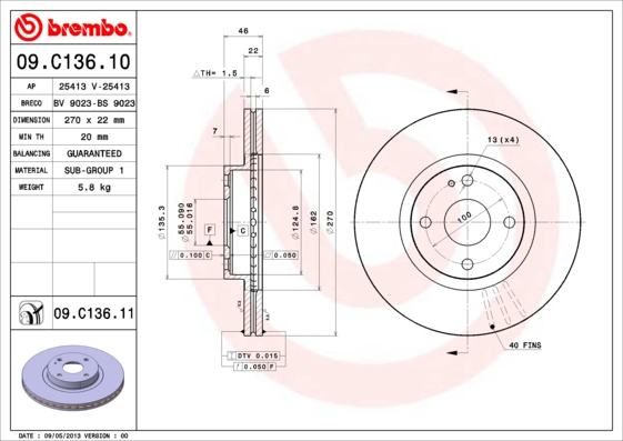 BREMBO 09.C136.11B Féktárcsa