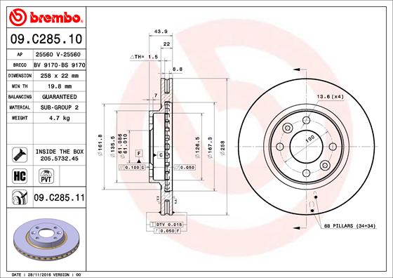 BREMBO 1001438758 09.C285.11 - Első féktárcsa