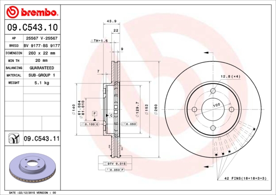 BREMBO 1001538499 09.C543.11 - Első féktárcsa