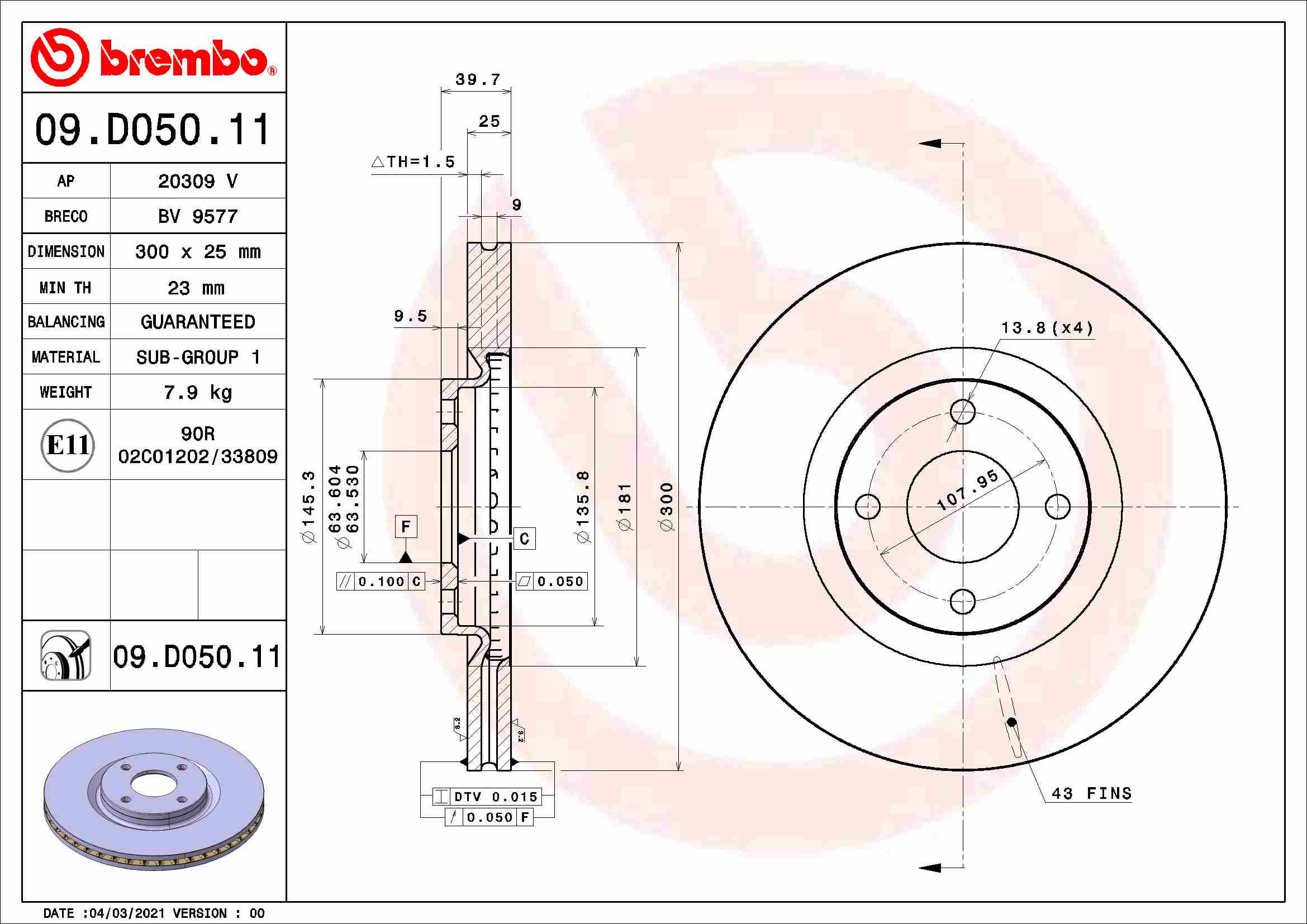 BREMBO BRE09.D050.11 féktárcsa