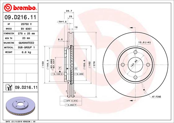 BREMBO 1001955745 09.D216.11 - Első féktárcsa