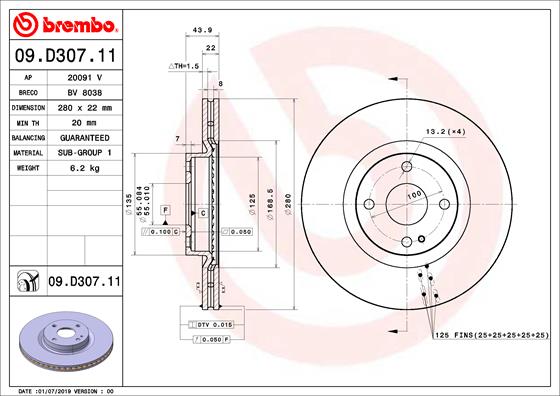 BREMBO BRE09.D307.11 féktárcsa