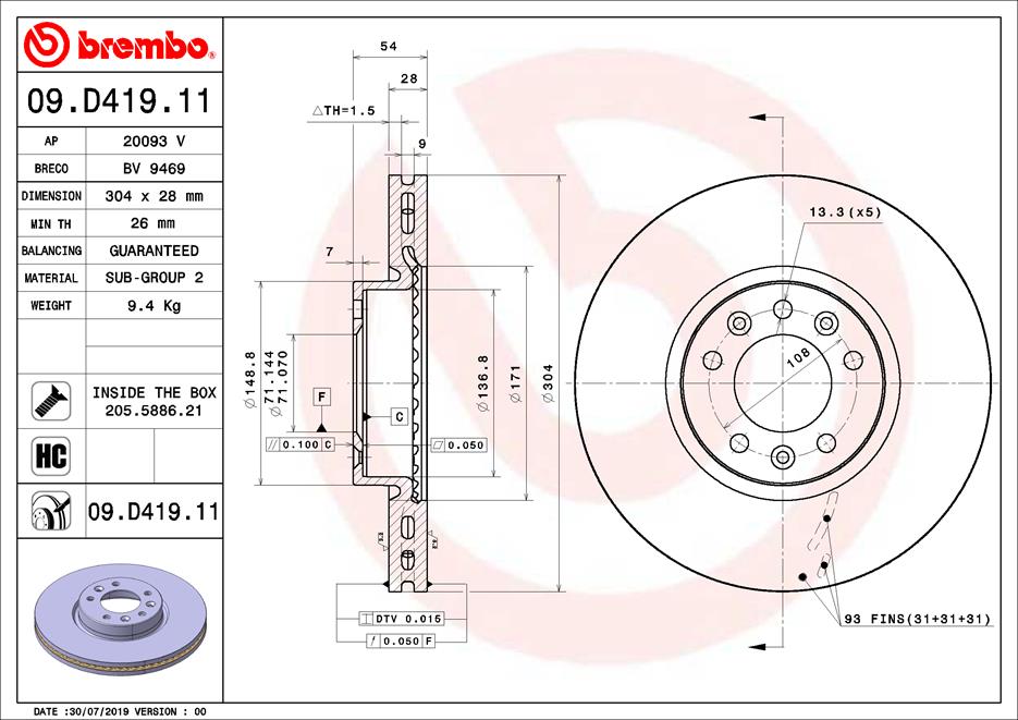 BREMBO BRE09.D419.11 féktárcsa