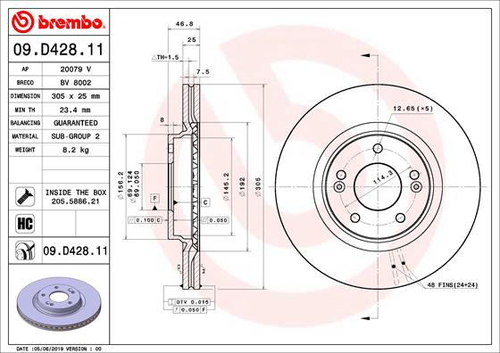 BREMBO 1001872588 09.D428.11 - Első féktárcsa