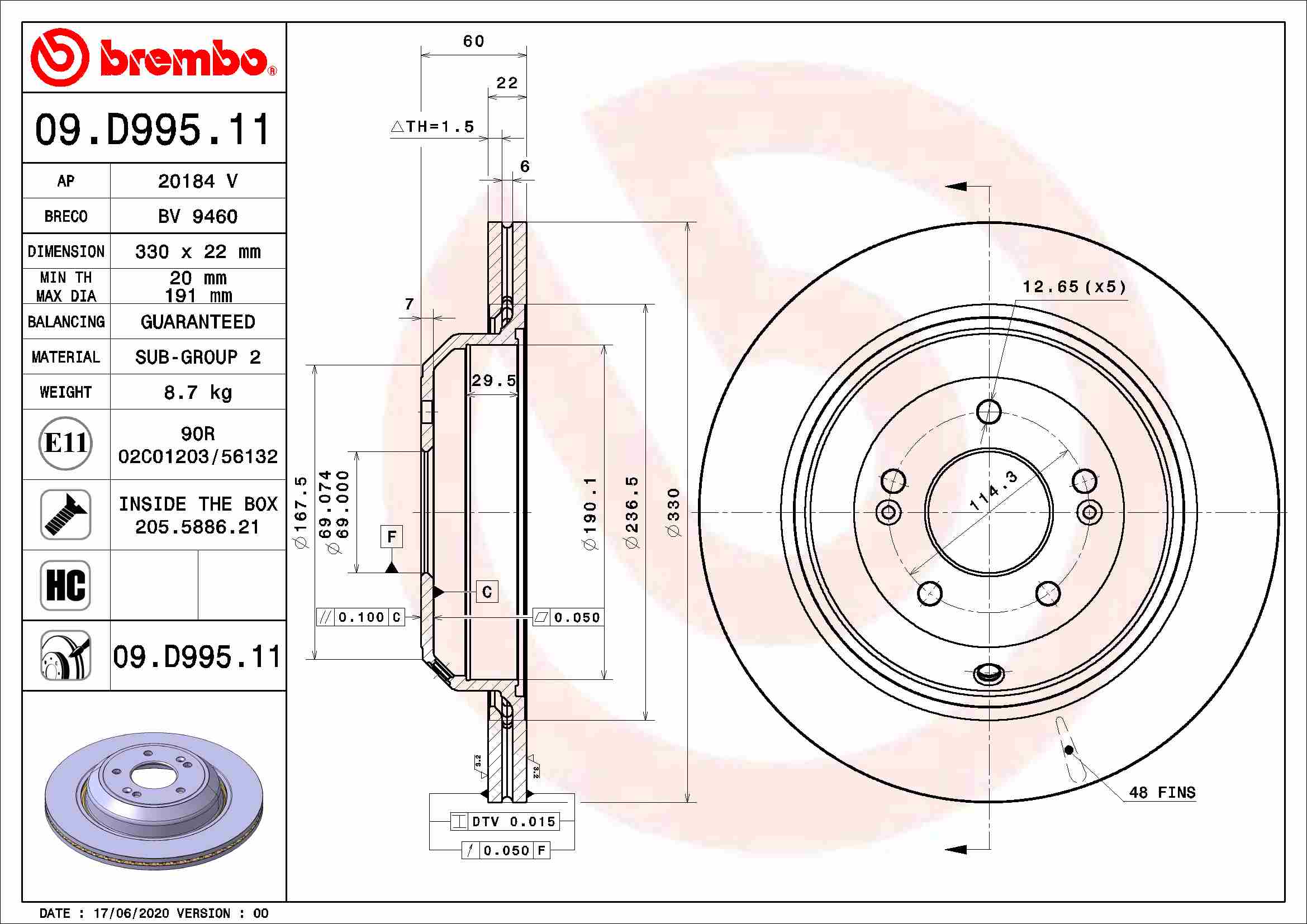 BREMBO BRE09.D995.11 féktárcsa