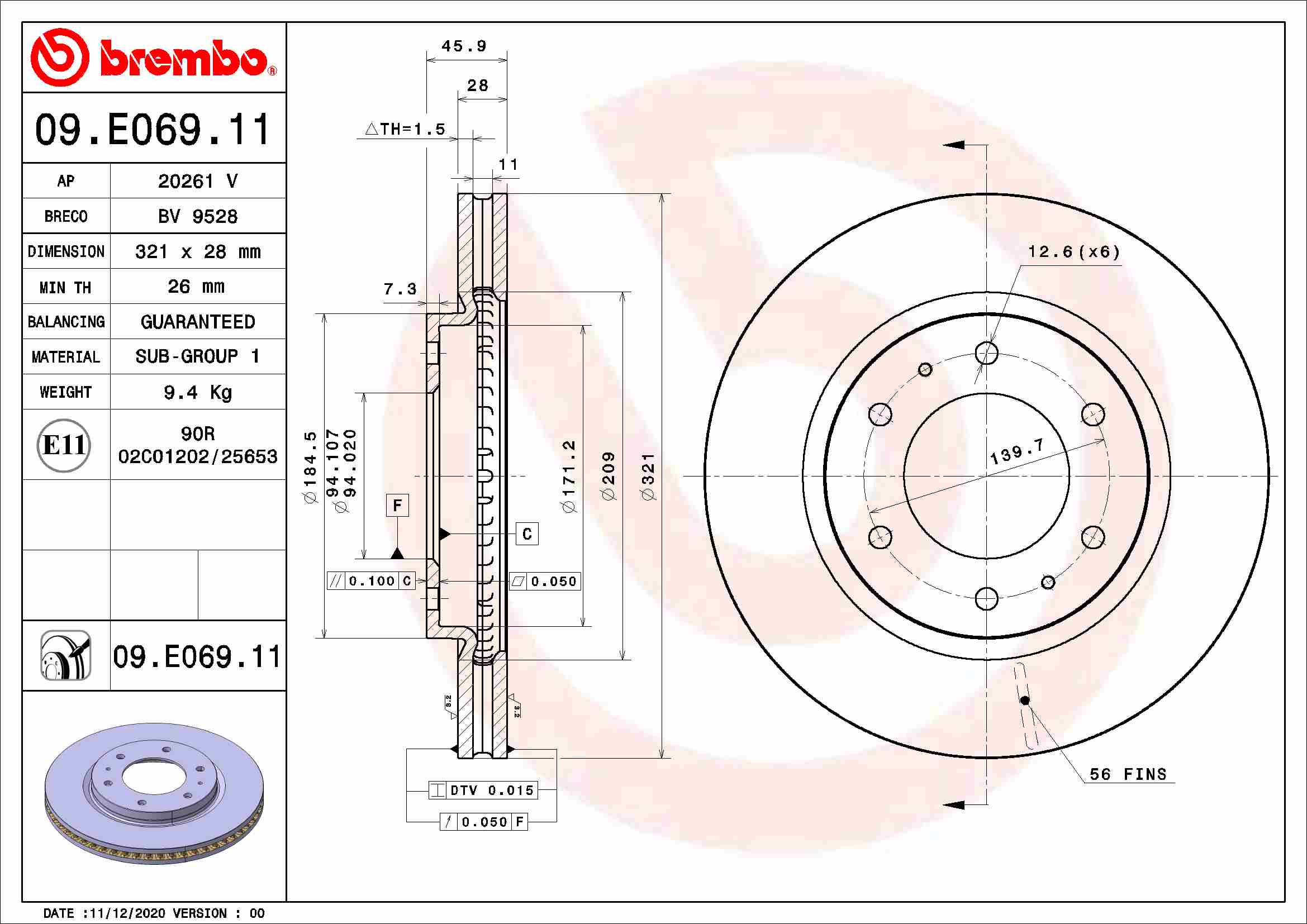 BREMBO BRE09.E069.11 féktárcsa